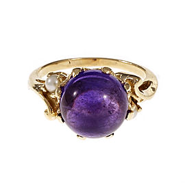 Vintage 1950 Cabochon Amethyst Pearl Ring 14k Yellow Gold