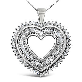 .925 Sterling Silver 1.0 Cttw Baguette and Round Diamond Heart Pendant 18" Necklace (H-I Color, I3 Clarity)