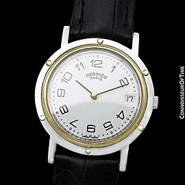 Hermes Clipper 2-Tone Quartz SS Steel & 18K Gold Pl. Watch - $5,350 Mint