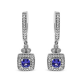 14K White Gold 4x4 mm Cushion Shaped Blue Tanzanite and 1/3 Cttw Diamond Halo 1" Inch Drop and Dangle Earrings (J-K Color, SI2-I1 Clarity)