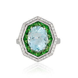 Roberto Coin Art Deco 18k White Gold Aquamarine, green tsavorite garnet Ring