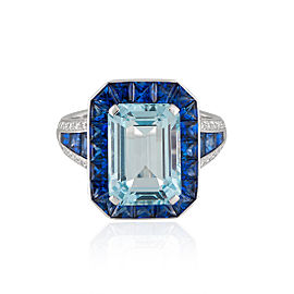 Roberto Coin Art Deco 18k White Gold Aquamarine, blue sapphire Ring