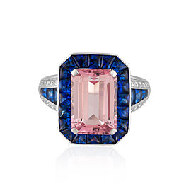 Roberto Coin Art Deco 18k White Gold Pink tourmaline, blue sapphires Ring