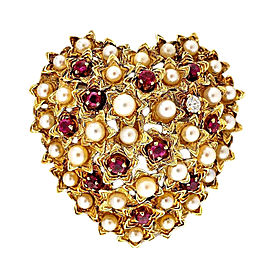 Tiffany & Co. 18K Yellow Gold with 0.07ct. Diamond Pearl and Ruby Domed Heart Pin Brooch