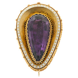 14k Yellow Gold Amethyst White Enamel Vintage Pin 1840s