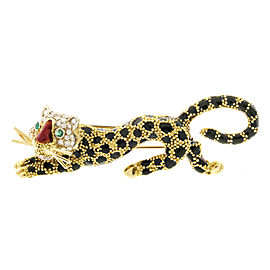 Vintage Italian Solid 18k Tiger Leopard Pave Emerald Diamond Black Enamel Pin