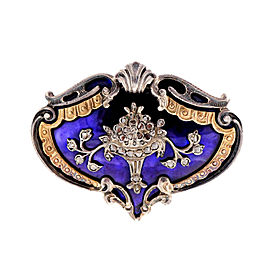 14k Yellow Gold Silver Georgian Blue Enamel Rose Cut Diamond Pin