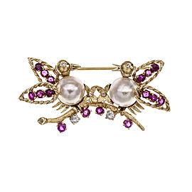 Estate 1950 Love Birds Pin Ruby Diamond Cultured Pearl 14k Yellow Gold