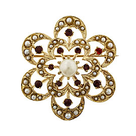 14K Yellow Gold Pearl Garnet Circle Flower Pin Pendant