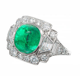 Art Deco Tiffany Sugar Loaf Cabochon Columbian Emerald Platinum Diamond Ring