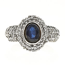 Vintage 14K White Gold 1.00ct Domed Oval Royal Blue Sapphire and 108 Diamond Pave Set Ring Size 6