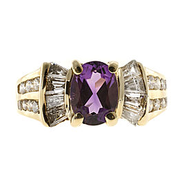 Vintage 14K Yellow Gold 1.25ct Oval Amethyst & 0.49ct Baguette Round Diamond Ring Size 7.25