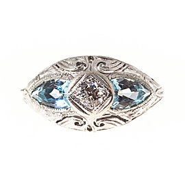 14k White Gold Art Deco Diamond and Aquamarine Vintage Ring Size 5