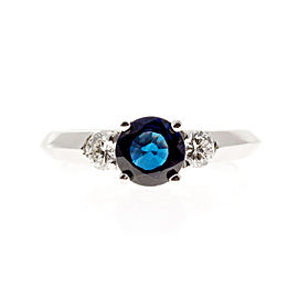 Vintage 14K White Gold 1.08 Bright Blue Sapphire & 0.29ct Diamond Ring Size 5