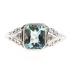 Art Deco 14K White Gold 1.58ct Aqua & Diamond 0.02ct Filigree Ring Size 7.25