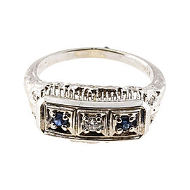 Vintage 14K White Gold with 0.03ct. Diamond & 0.10ct. Sapphire Filigree Art Deco Ring Size 6