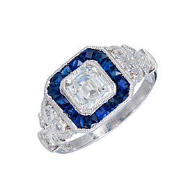 Vintage Art Deco Platinum with 1.06ct Diamond and Sapphire Calibre Halo Ring Size 6.75