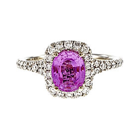 18K White Gold with 1.58ct Hot Pink Natural Sapphire & Diamond Halo Engagement Ring Size 6.5