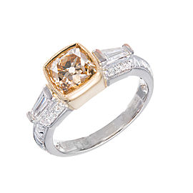 Platinum and 18K Yellow Gold Natural Brown Yellow Antique Cushion Diamond Ring Size 5.5