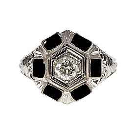 18K White Gold Art Deco Black Enamel Diamond Ring Size 5.25