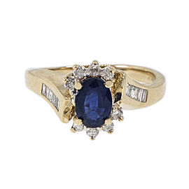 14K Yellow Gold 0.82ct Sapphire, 0.15ct Baguette & 0.16ct Round Diamond Swirl Ring Size 6.75