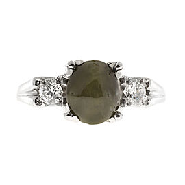 Platinum with Chrysoberyl Cats Eye & Diamond Fishtail Ring Size 6.5