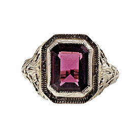 Art Deco 14K White Gold 3.11ct Pinkish Red Rhodolite Garnet Filigree Ring Size 6