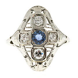 Vintage Art Deco 18K White Gold with 0.25ct Sapphire and Diamond Ring Size 4