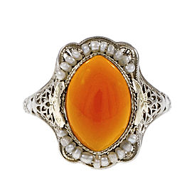 14K White Gold Carnelian Pearl Ring Size 8.25