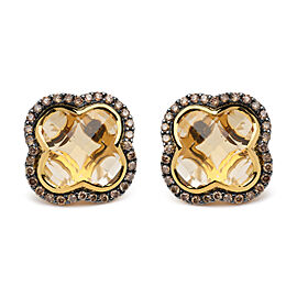 True 18K Yellow Gold 1/2 Cttw Brown Diamond and 11x11mm Clover-Cut Yellow Citrine Gemstone Clover Halo Stud Earrings (Brown Color, SI1-SI2 Clarity)