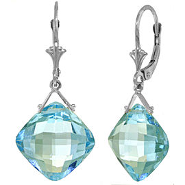 17.5 CTW 14K Solid White Gold Leverback Earrings Checkerboard Cut Blue Topaz