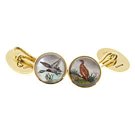 18k Yellow Gold Carved Crystal Duck Pheasant Cuff Links