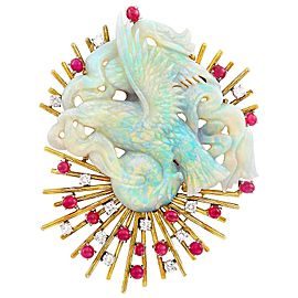 14 Karat Gold, Carved Opal, Cabochon Ruby and 1.20 Carat Diamond Clip-Brooch