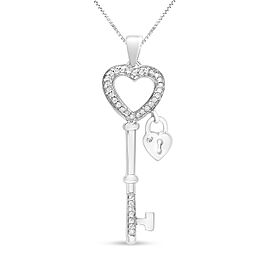 .925 Sterling Silver 1/4 Cttw Diamond Lock & Key heart 18" Pendant Necklace (I-J Color, I3 Clarity)