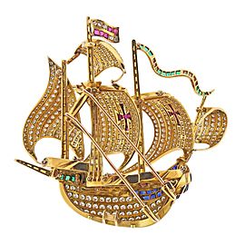 Diamond Ruby Sapphire Emerald Gold Sailing Ship Brooch Pin