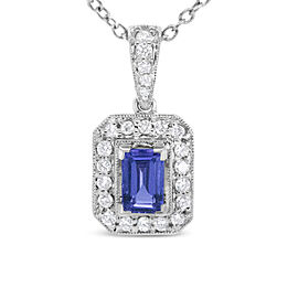 18K White Gold 1/4 Cttw Round Diamond and 6x4mm Purple Tanzanite Halo 18" Pendant Necklace (H-I Color, VS1-VS2 Clarity)