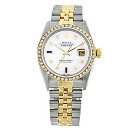 Rolex Datejust 16013 White Pearl Dial White Diamonds & Blue Sapphire Mens 36mm Watch