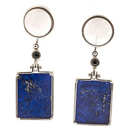 Vintage Hinged Art Deco Lace Agate Black Onyx Lapis 14k White Gold Earrings