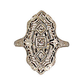 Vintage Art Deco Filigree 1940'S 3 Round Diamond 18k Gold Engraved Filigree Ring