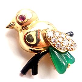 Cartier 18k Yellow Gold Diamond Onyx Ruby Chalcedony Bird Pin Brooch