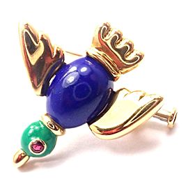 Vintage Cartier 18k Yellow Gold Lapis Lazuli Ruby Bird Pin Brooch