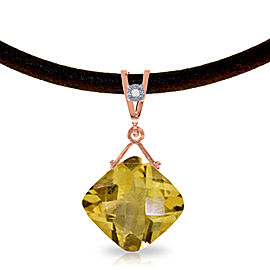 14K Solid Rose Gold & Leather Necklace with Diamond & Citrine