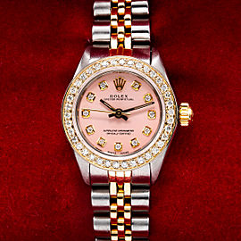 Two Tone Rolex Oyster Perpetual 26mm Pink Dial With 0.90CT Diamond Bezel