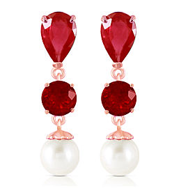 14K Solid Rose Gold Chandelier Earrings with Rubies & Cultured Pearls