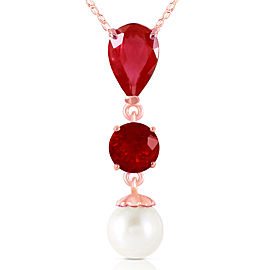 14K Solid Rose Gold Necklace with Rubies & Cultured Pearl