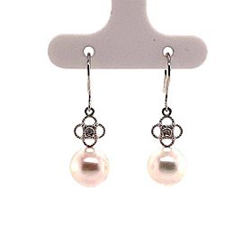 Diamond Akoya Pearl Earrings 14 KT White Gold 9.22 mm Certified $990