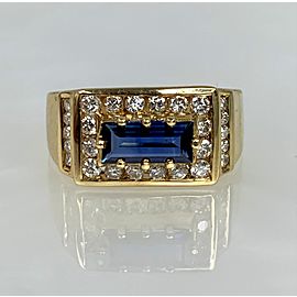 18K Yellow Gold Emerald Cut Blue Sapphire Diamond Ring