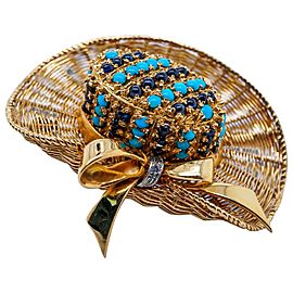 18 Karat Yellow Gold, Turquoise, Sapphire and Diamond Straw Hat Brooch