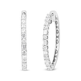 True 14K White Gold 1 3/4 Cttw Round and Baguette Diamond Hoop Earrings - (H-I Color, SI2-I1 Clarity)