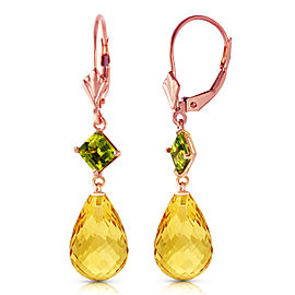 14K Solid Rose Gold Leverback Earrings with Peridots & Citrines